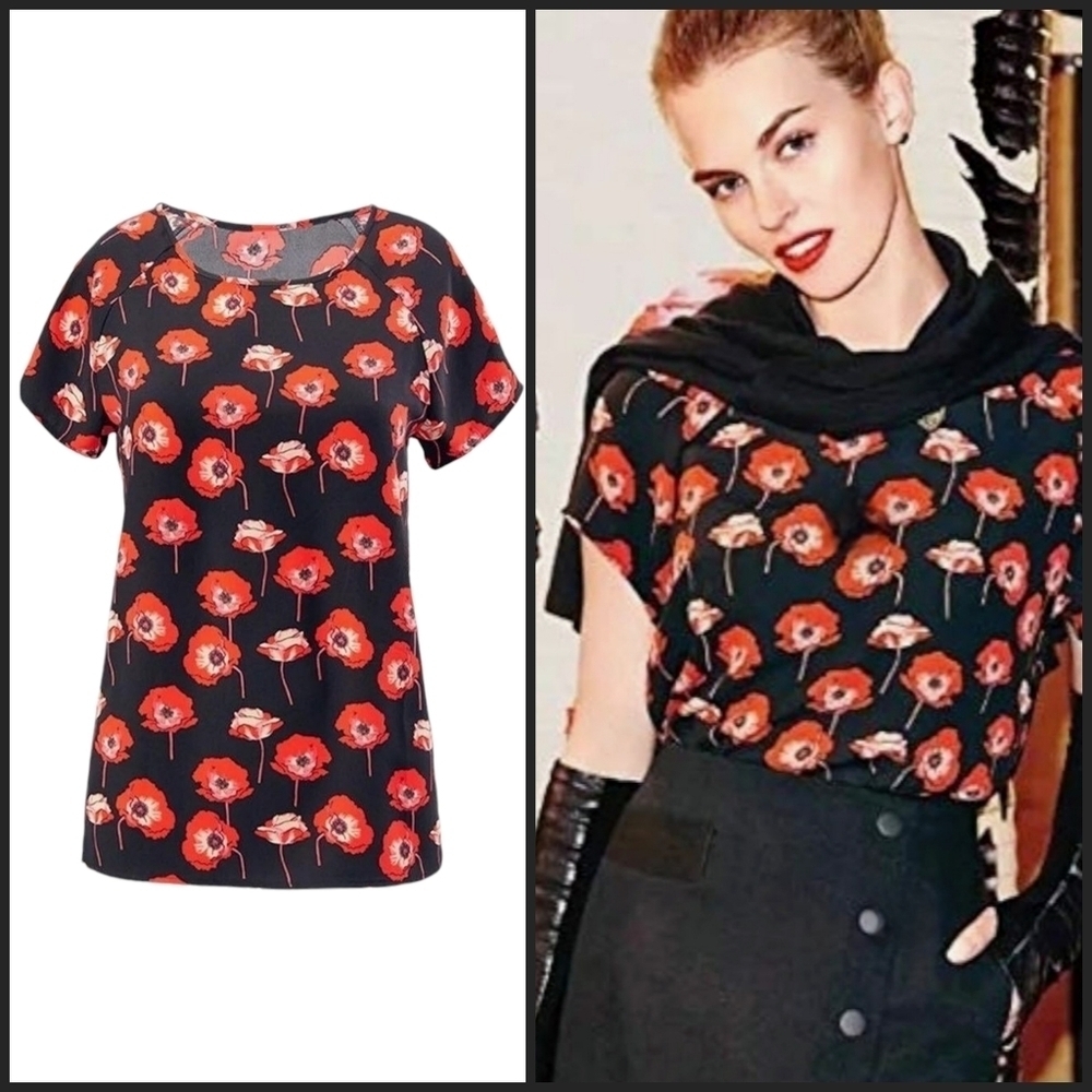 Cabi Flanders Poppy Print Split Back Blouse